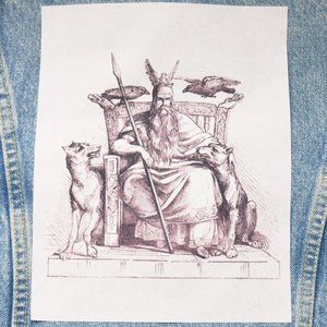 Fabric Iron On Back Patch Odin With Hounds & Ravens Norse Mythology Applique